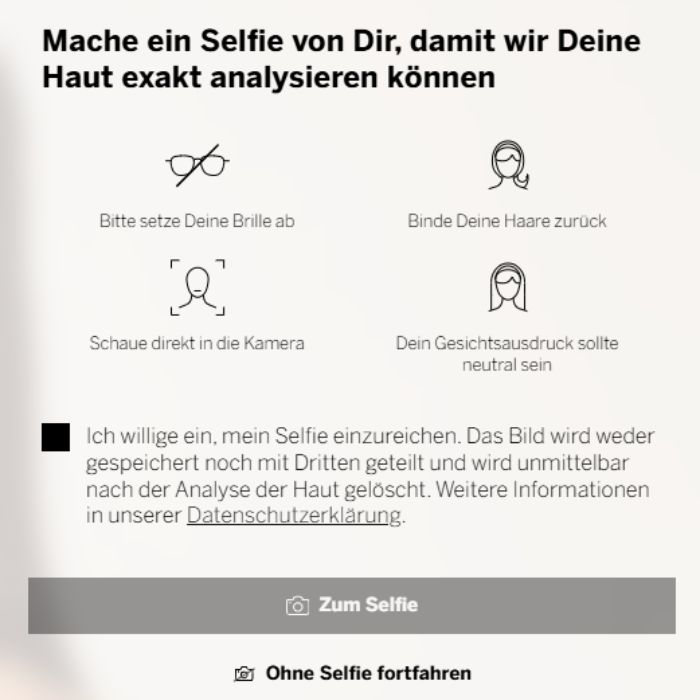 Screenshot aus Digitaler Hautanalyse mit Aufforderung ein Selfie zu machen