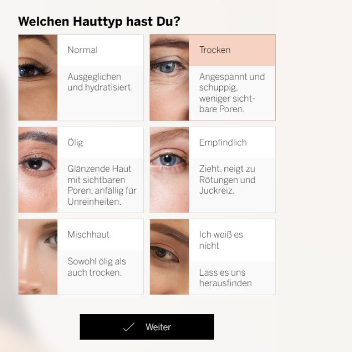 Screenshot aus Digitaler Hautanalyse zur Frage: Welchen Hauttyp hast du?