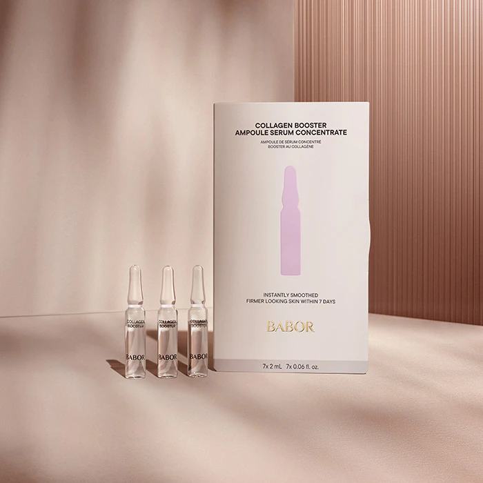 Ampullen-Packung und 3 einzelne Anti-Aging Ampullen aus Glas daneben